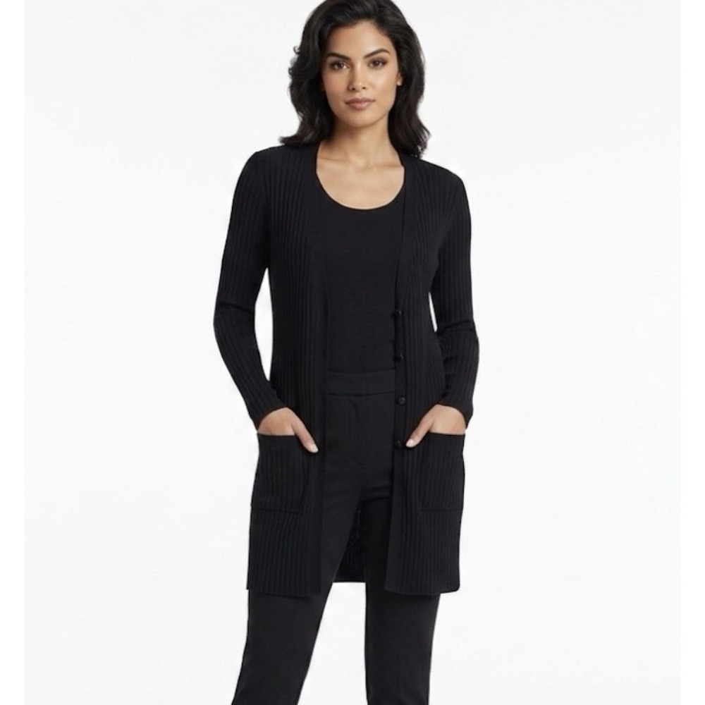 St John Womens Mid Length Long Sleeve Cardigan Sweater Sz P Blk Pockets Ribbed E
